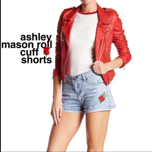 Ashley Mason Roll Cuff Denim Embroidered Shorts Size 28 - Picture 9 of 9